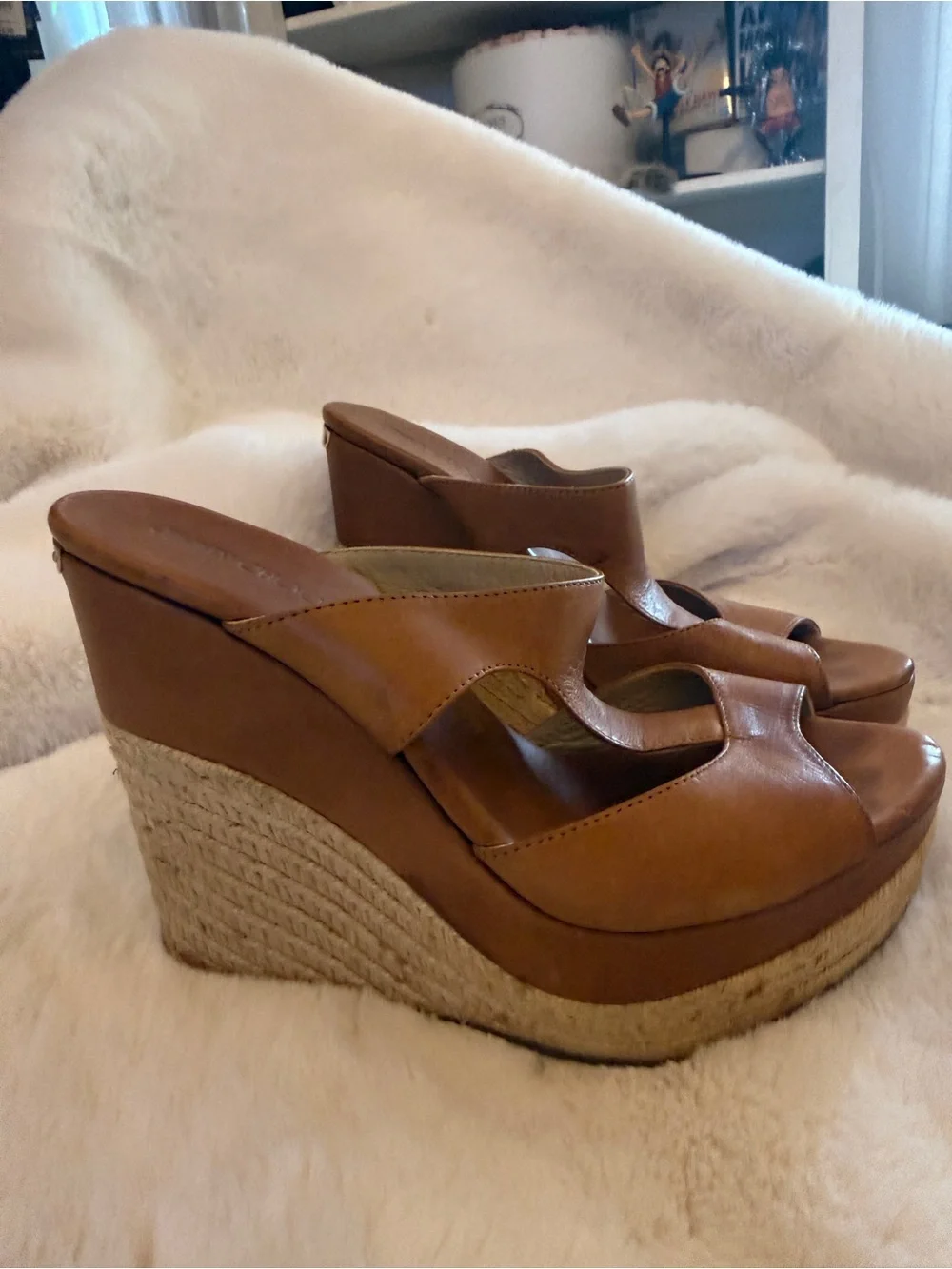 Jimmy Choo Cognac Leather Espadrille Wedge Sandals